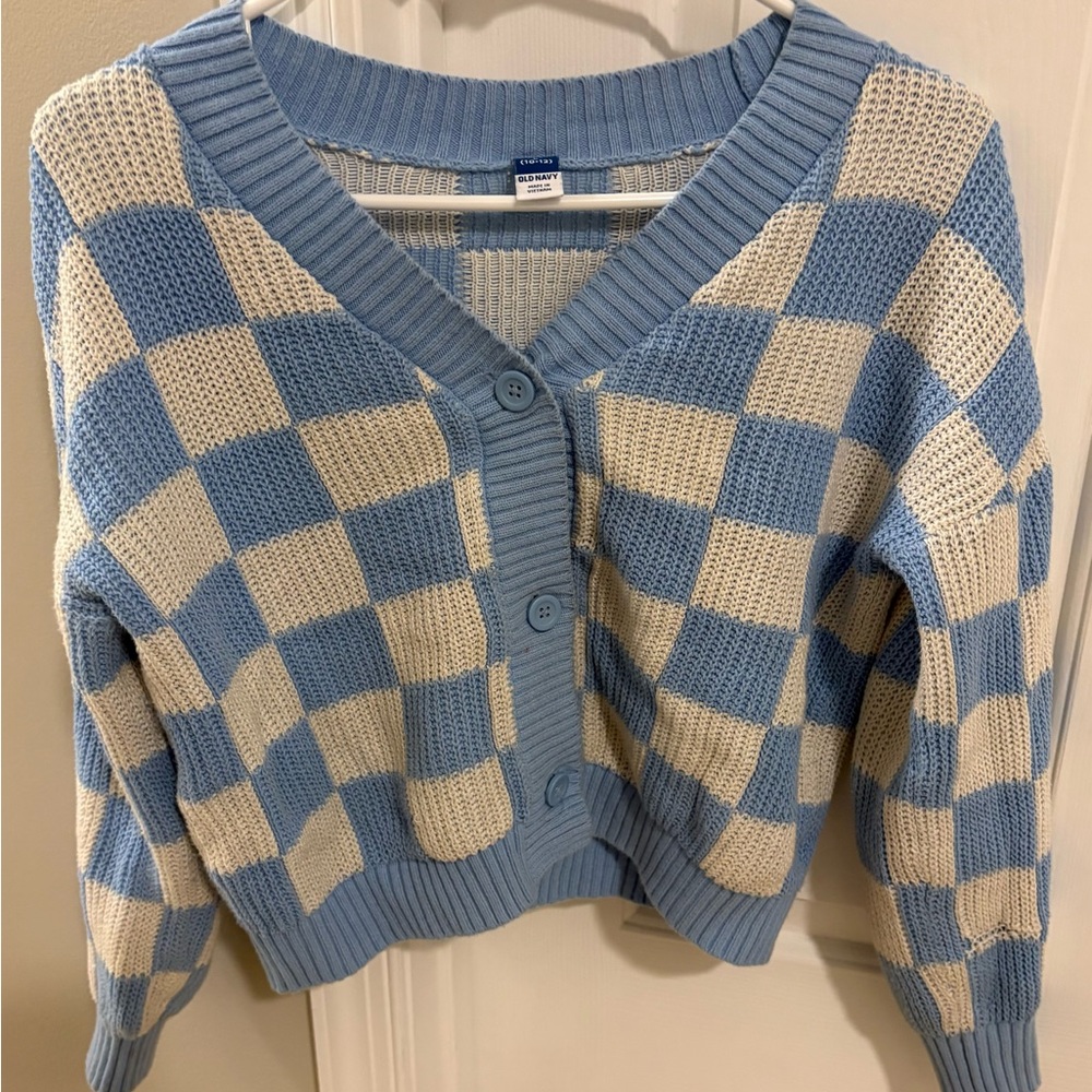 Old Navy Light Blue & Cream Checkerboard V-Neck Cardigan